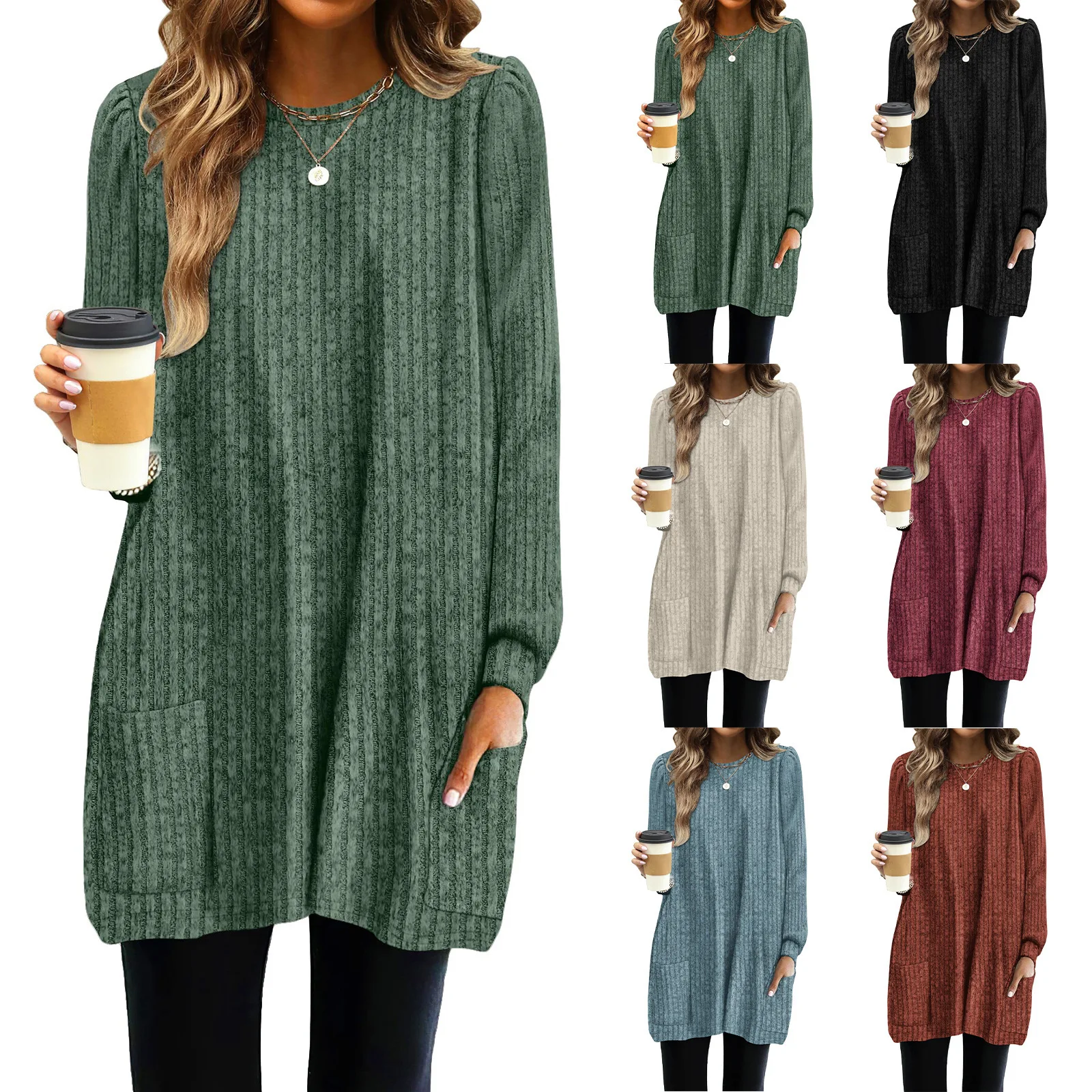 

New Spring Women Long Shirts Puff Long Sleeve Round Neck Casual Loose Pockets Blouses Elegant Streetwear Women Solid Tunic Tops