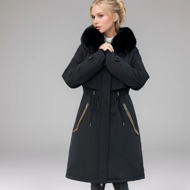 

Тонкая зимняя женская парка, пальто с завязками на талии, роскошное стеганое пальто с меховым воротником для женщин, длинное универсальное женское хлопковое пальто
