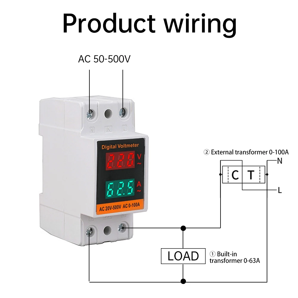 LCD Dual Digital Din Rail AC Voltmeter Ammeter Single-phase Voltage and Current Meter AC 50-500V 100A