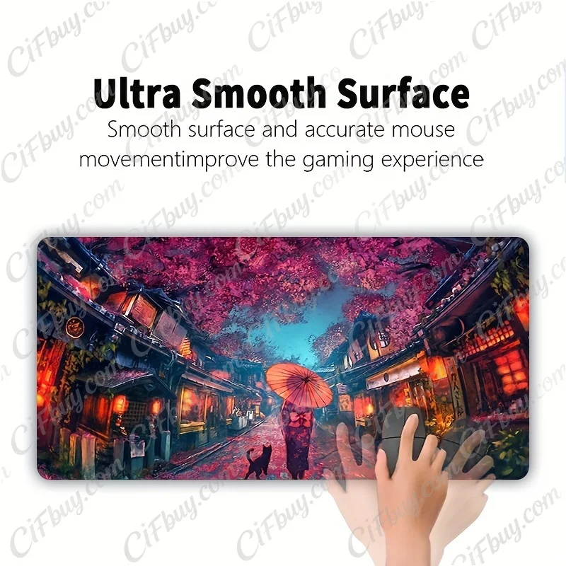 CIFBUY Japanese Street Anime Girl Large Gaming Mouse Pad Sakura Kimono Natural Rubber Stitched Edges Non-Slip Rubber Base Home