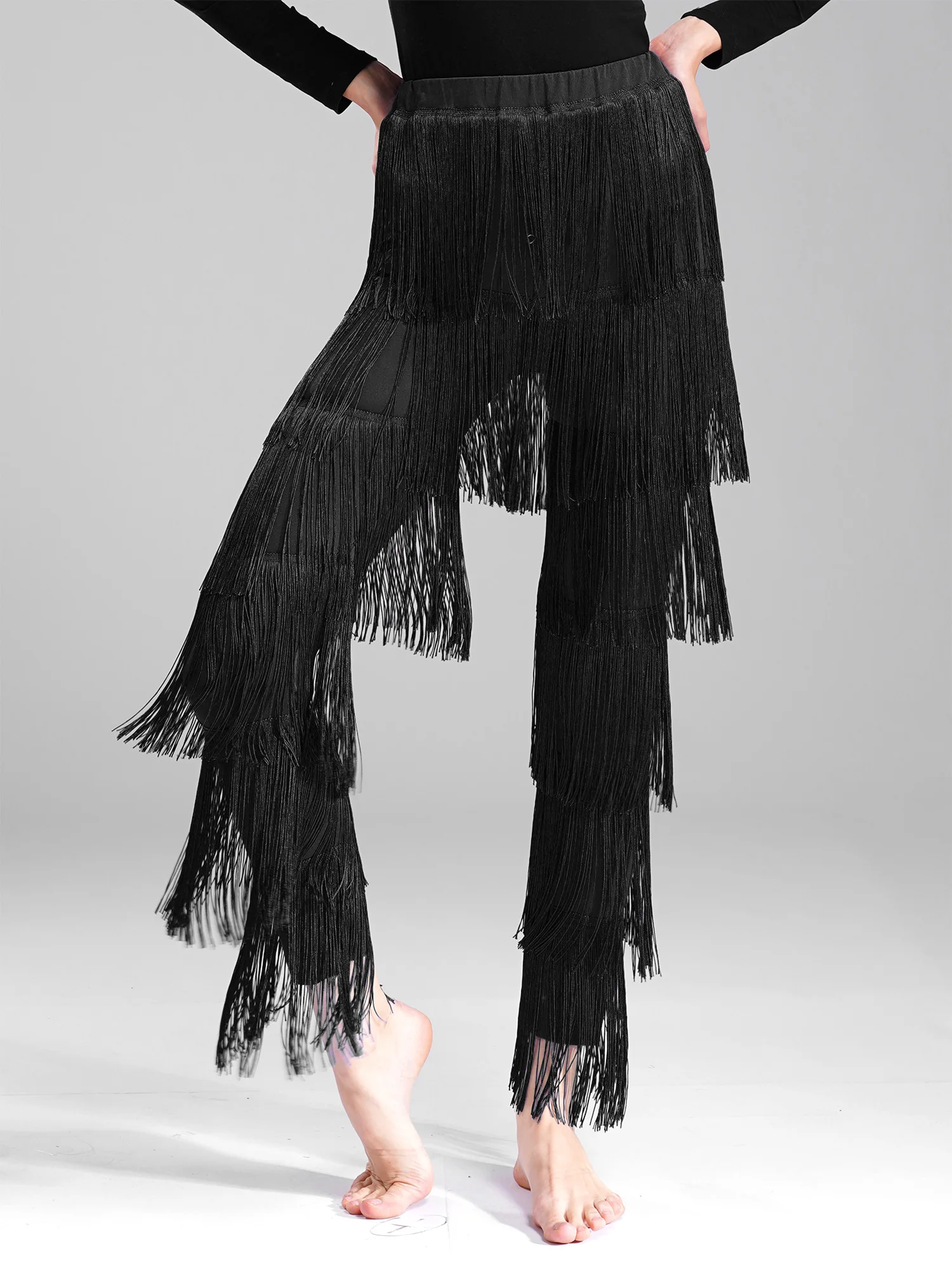 النساء شرابة اللاتينية السراويل قاعة الرقص التانغو تشا تشا المتدرج هامش بنطلون رومبا اللاتينية ملابس رقص الأداء ممارسة الملابس