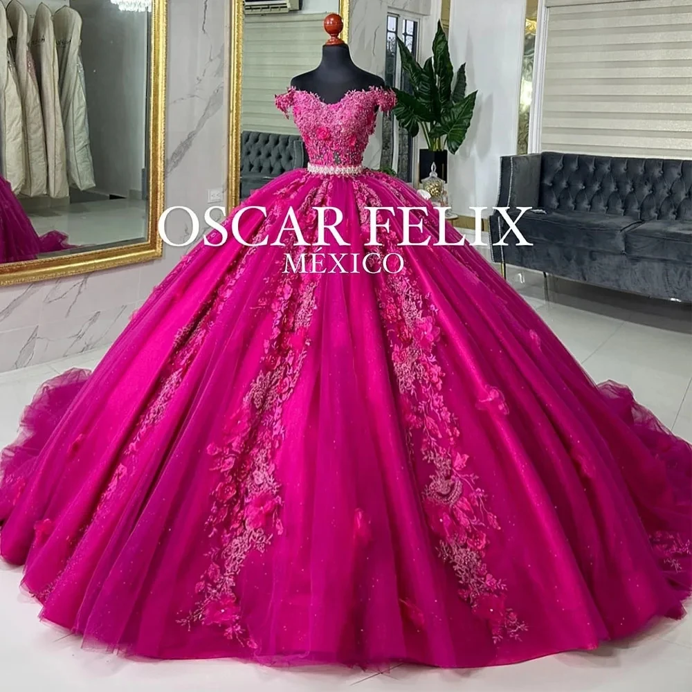 

Fuchsia Quinceanera Dresses Ball Gown Off The Shoulder Tulle Floral Puffy Sweet 16 Dresses 15 Años Mexican