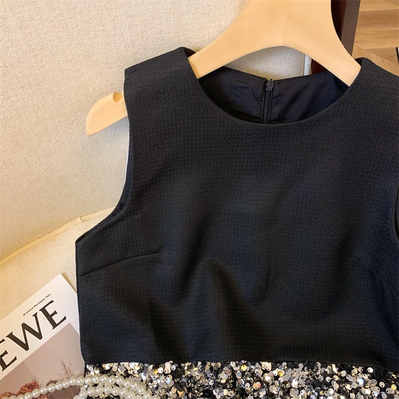 Sequins Stylish Workwear Vests Crop Tops For Women Elegant Fashion Chic Ladies Tees 2024 Autumn Sleeveless O-neck Vest