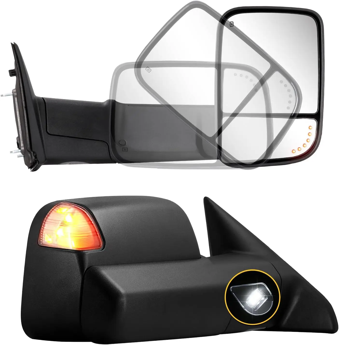 Towing Mirrors for 2009-2018 Dodge Trucks, Plastic, N/A, Power Glass, Heated, Turn Signal, Puddle Lamp, Temp Sensor