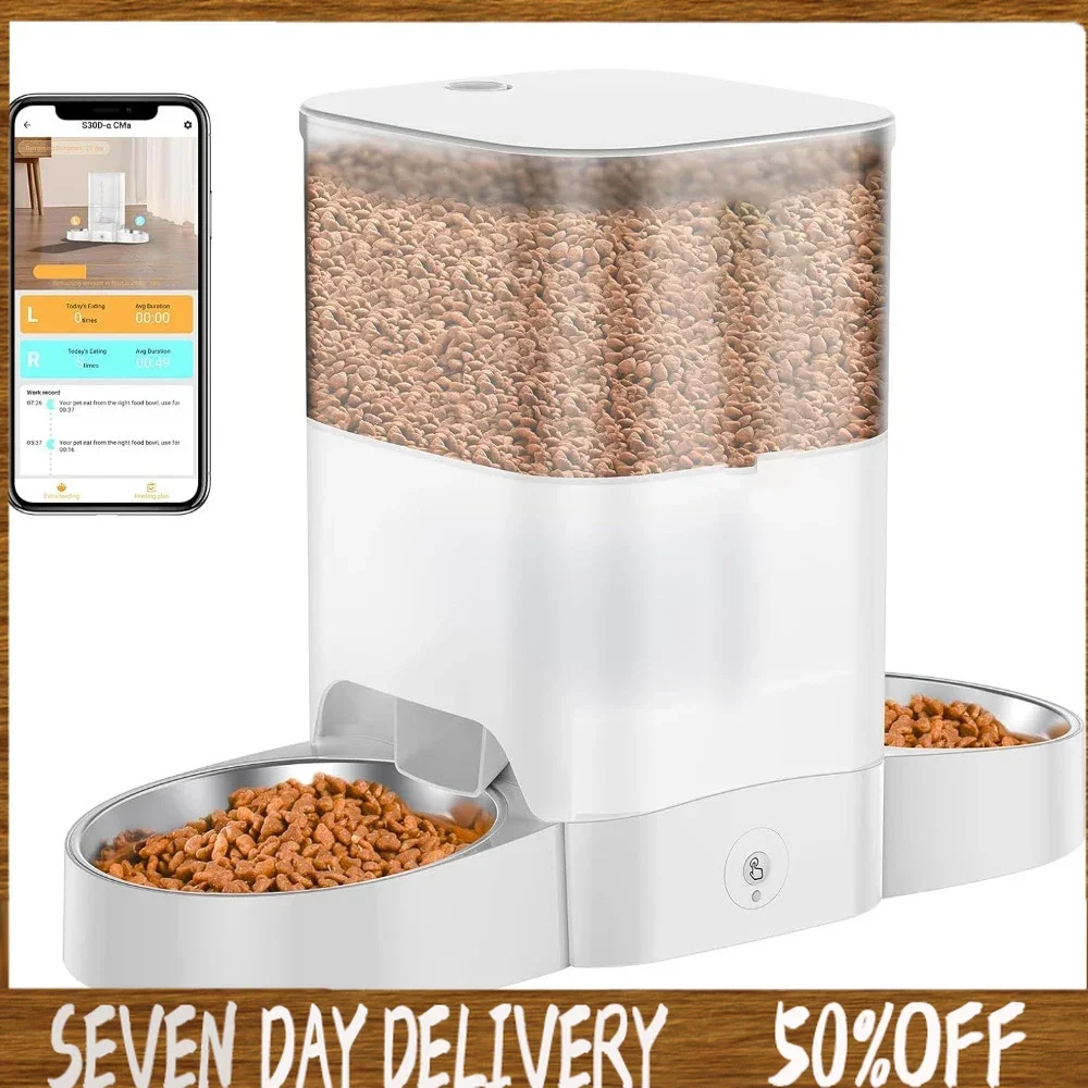 3.5L Automatic Cat Feeder for Two Cats, 2.4G WiFi Enabled Smart Feed Pet Feeder with Stainless Steel Bowl,APP Control White