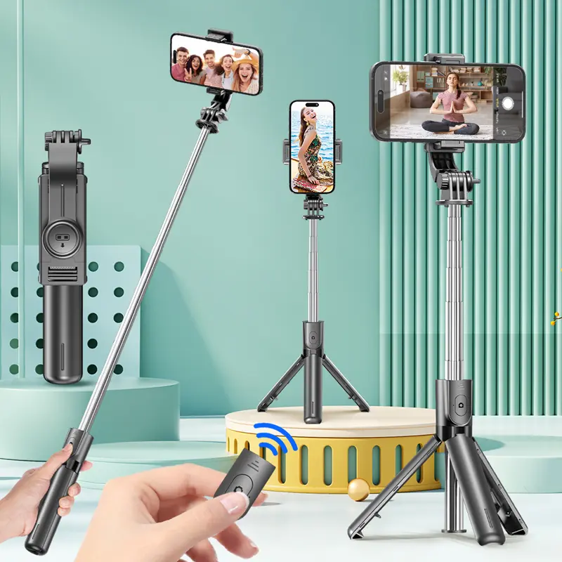 탈착식 Bluetooth 리모컨이 포함된 셀카봉 삼각대, 360 °   회전, 확장형 폴, 필 라이트 옵션, iPhone Android 휴대폰용
