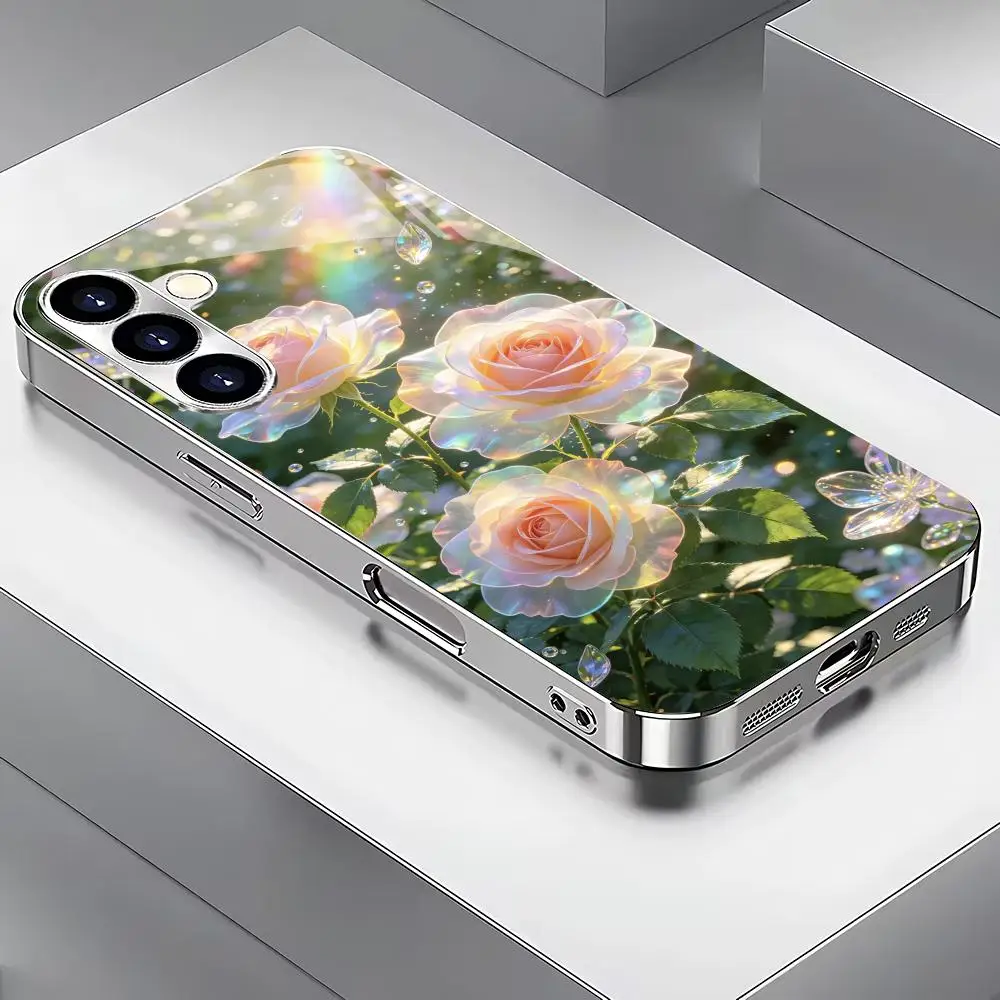 Beautiful flower plated glass phone case suitable for Samsung Galaxy S26 S25 S24 S23 S22 S20 FE/Ultra/Plus anti drop back cover