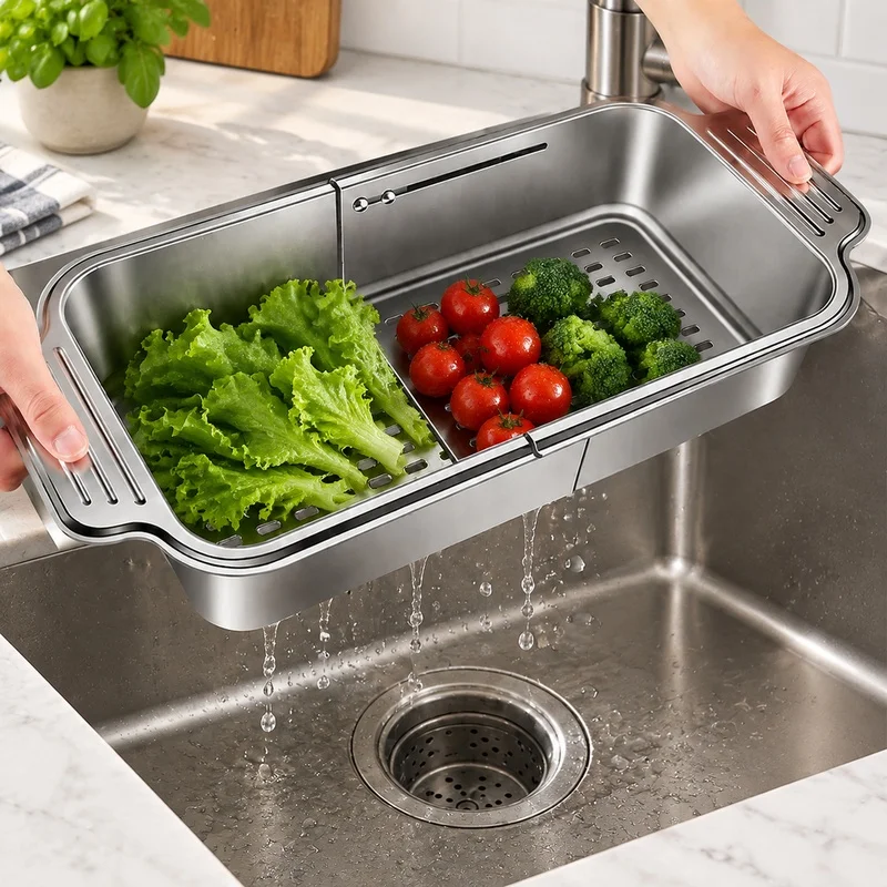 Stainless Steel Sink Basket with Adjustable Fit for Draining, Washing Produce, and Dish Cleaning