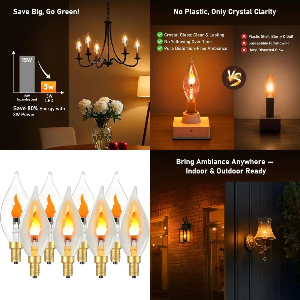 

Candelabra Style Flickering Flame Bulbs, Clear for Chandelier, 8 Pack - Ideal for Halloween, Christmas, and Home Decor