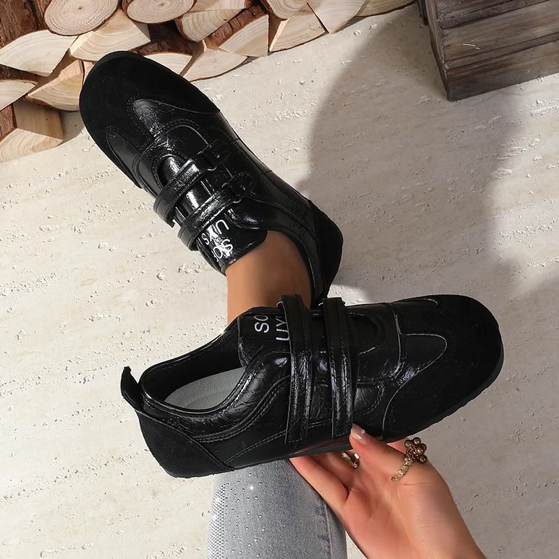 2025 primavera outono nova mulher plana mary jane tênis-velcro casual estilo coreano camurça sapatos de couro moda único sapatos