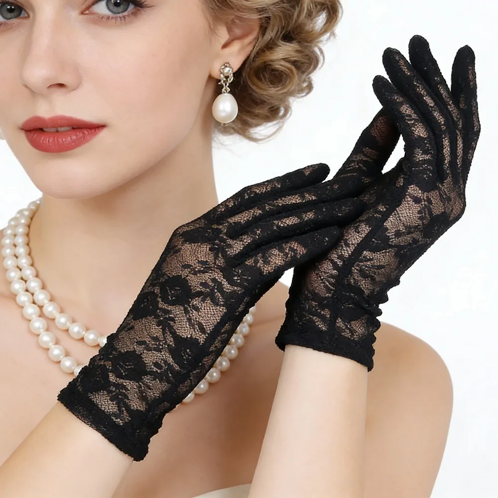 Women Thin Mesh Lace Gloves Fashion Ruffle Full Finger UV Proof Driving Mittens image 2