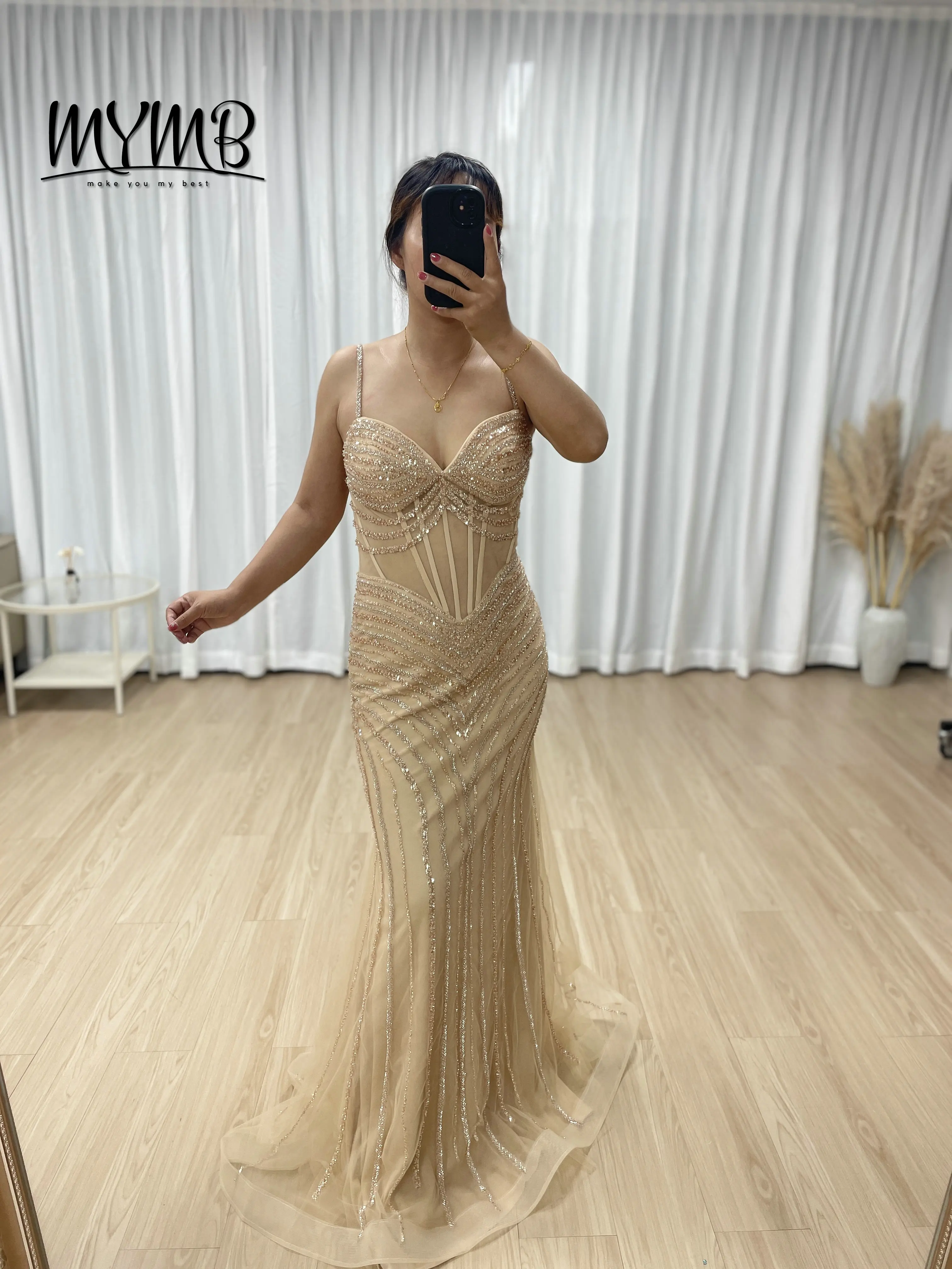 

MYMB Sexy Sheer Waist Spaghetti Strap Golden Mermaid Prom Evening Gown With Sparkle Exquisite Beaded Embroidery Sequin MC20075B