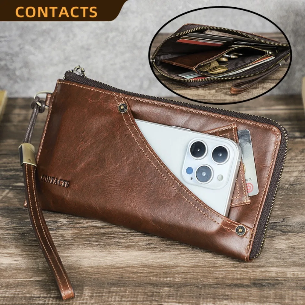 Top layer cowhide RFID anti-theft credit card holder long-style men's wallet large screen phone storage business handbag