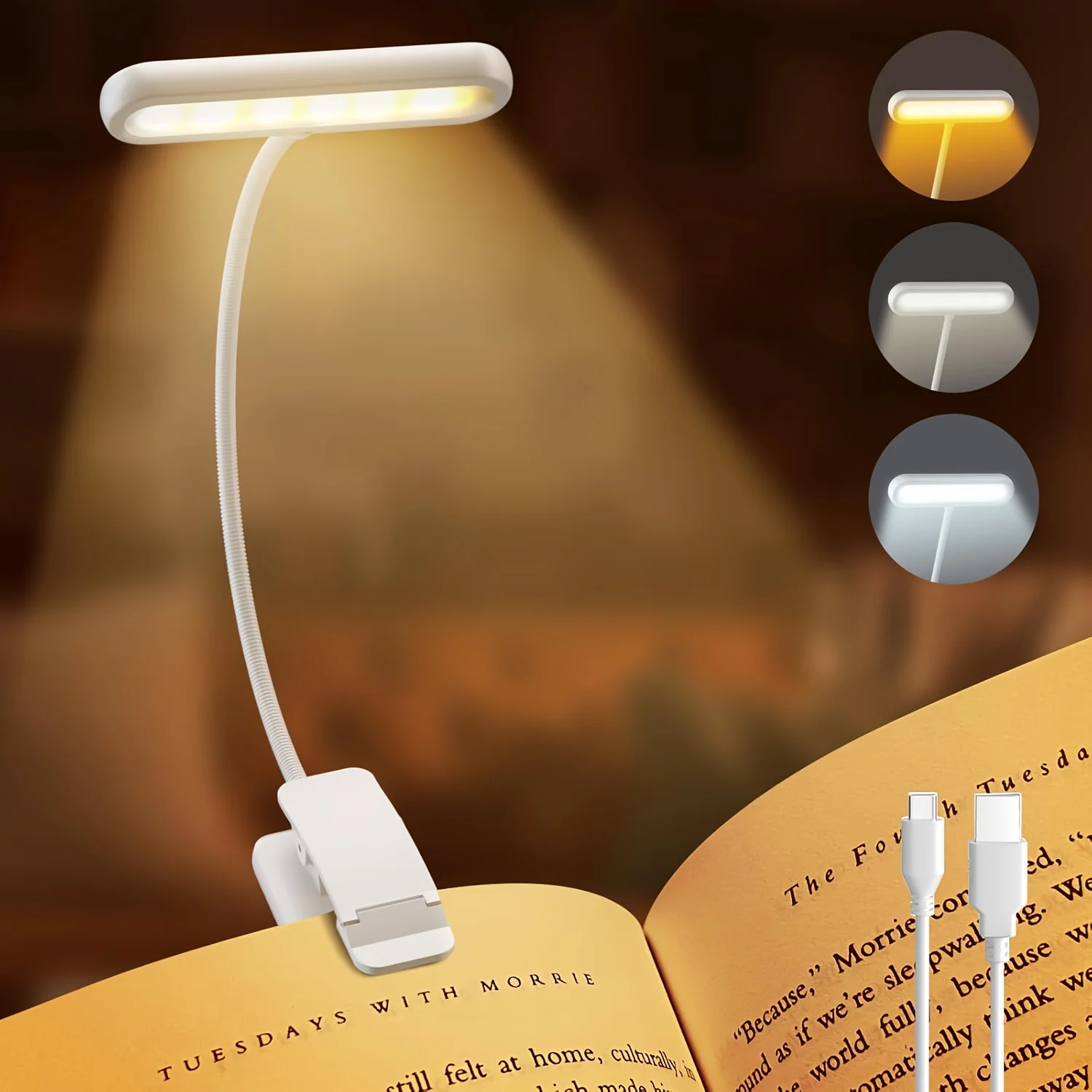 Clip-on Book Light  32LED Gooseneck Reading Lamp 3 Color Temperatures 10 Brightness Levels USB Rechargeable for Reading Working