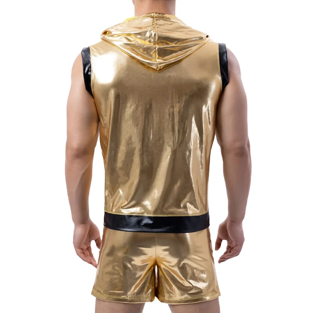 Mens Gold Shiny Tight Leather Tank Tops Boxer Briefs Shorts Clubwear Set Suit Nightclub Stage Party Jackets Costume Streetwear