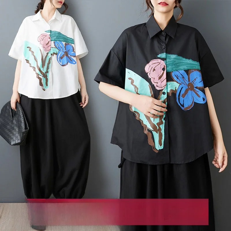 

Retro Style Pure Color Short Sleeve Floral Print Shirt Women's Commute Slimming Top Cotton Material Loose Fit Summer Shirt