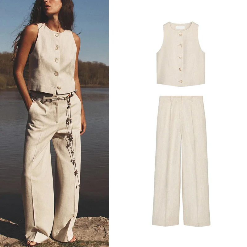 

High Waist Straight Leg Pants And Vest Set with round Ne ort Sve Zipper Closure Faionable Spring Collection