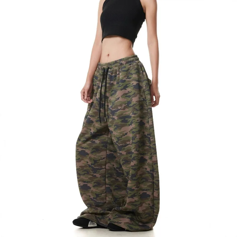 New American Retro Trendy Brand Drawstring Camouflage Sweatpants Women's Summer New Casual Straight Loose Wide-leg Trousers