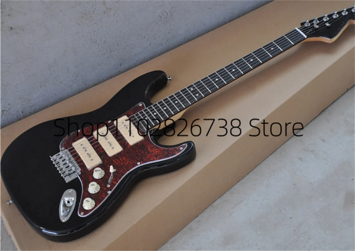 Stra Electric Guitar Black Body Yellow P90 Pickups Red Tortoise Shell Guard Rosewood Fingerbard Factory Custom