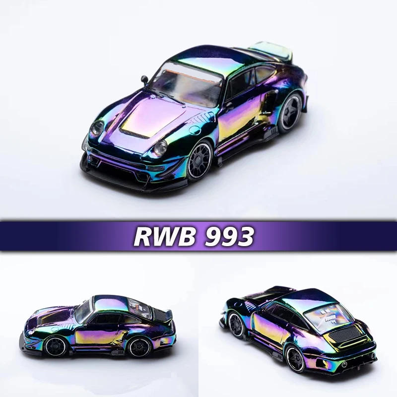 DCM In Stock 1:64 RWB 993 Ducktail Electroplated PURPLE Modified Magnetic Detachable Hood Diecast Diorama Car Model Collection