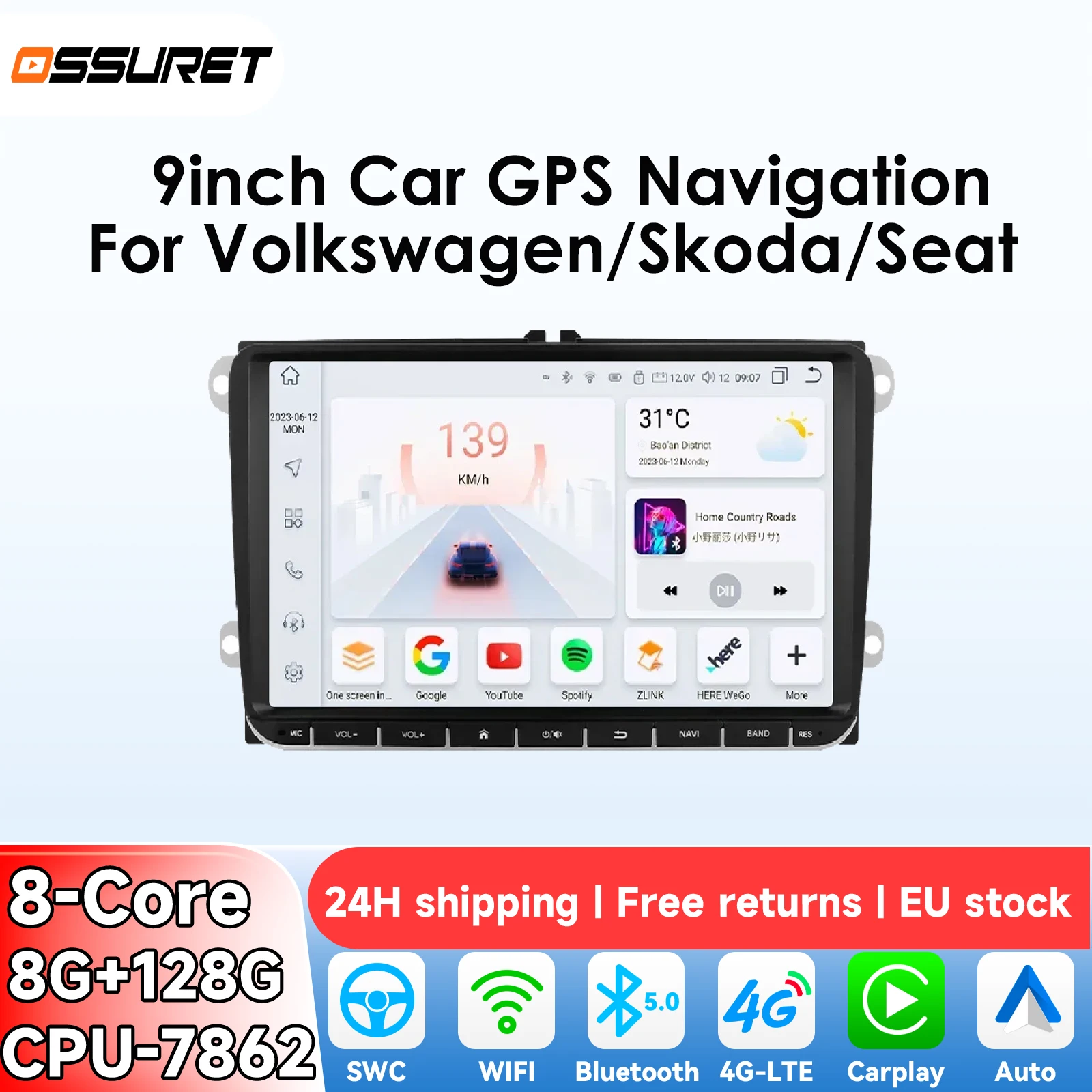 Autoradio 9 pouces Carplay Android Auto pour Volkswagen Skoda Octavia Golf 5 6 Touran Passat B6 Polo Jetta GPS Lecteur multimédia vidéo
