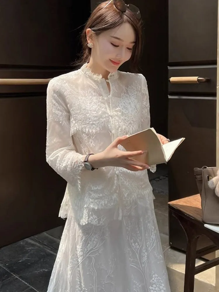 

Faionable Casual Lace Splice Chiffon Top Women's Loose Hollow out Design Gentle Wind Sle Commute Korean Straight Tube