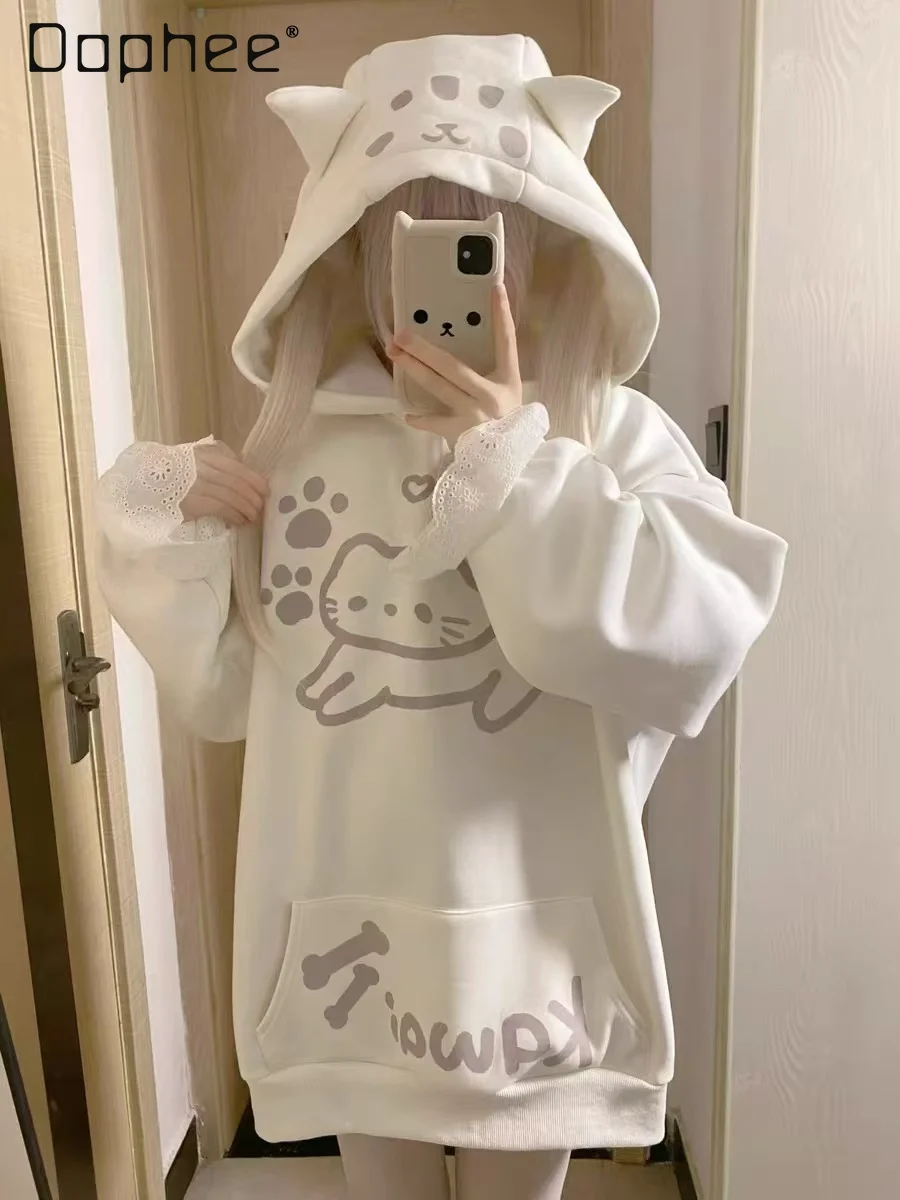 Cotton White Hoodies for Women Cute Loose Cat Ear Japanese Lace Patchwork Long Sleeve Cartoon Sweatshirts Y2k Casual Pullover