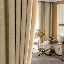 Linen Cream Curtain Bedroom Ins Light Luxury Wood Color Curtains Living Room Modern Simple High End Solid Color Blackout Drapes