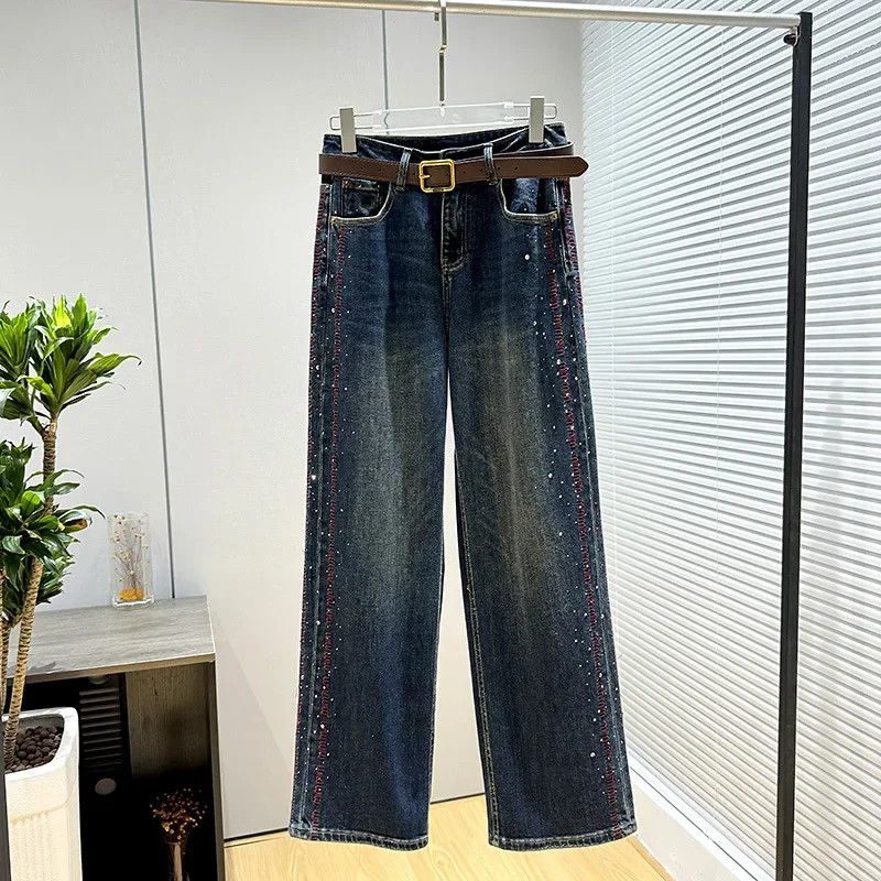 

European goods rhinestone jeans women's autumn and winter new loose slim fashion embroidered straight wide-leg pants.