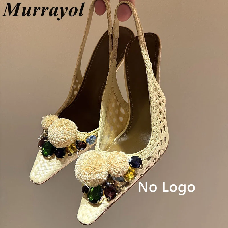 Thin High Heels Pumps Pointed Toe Bling Rhinestone Decor Sandalias Women Vine Grass Weaving Sandals Summer Party Dress Shoes