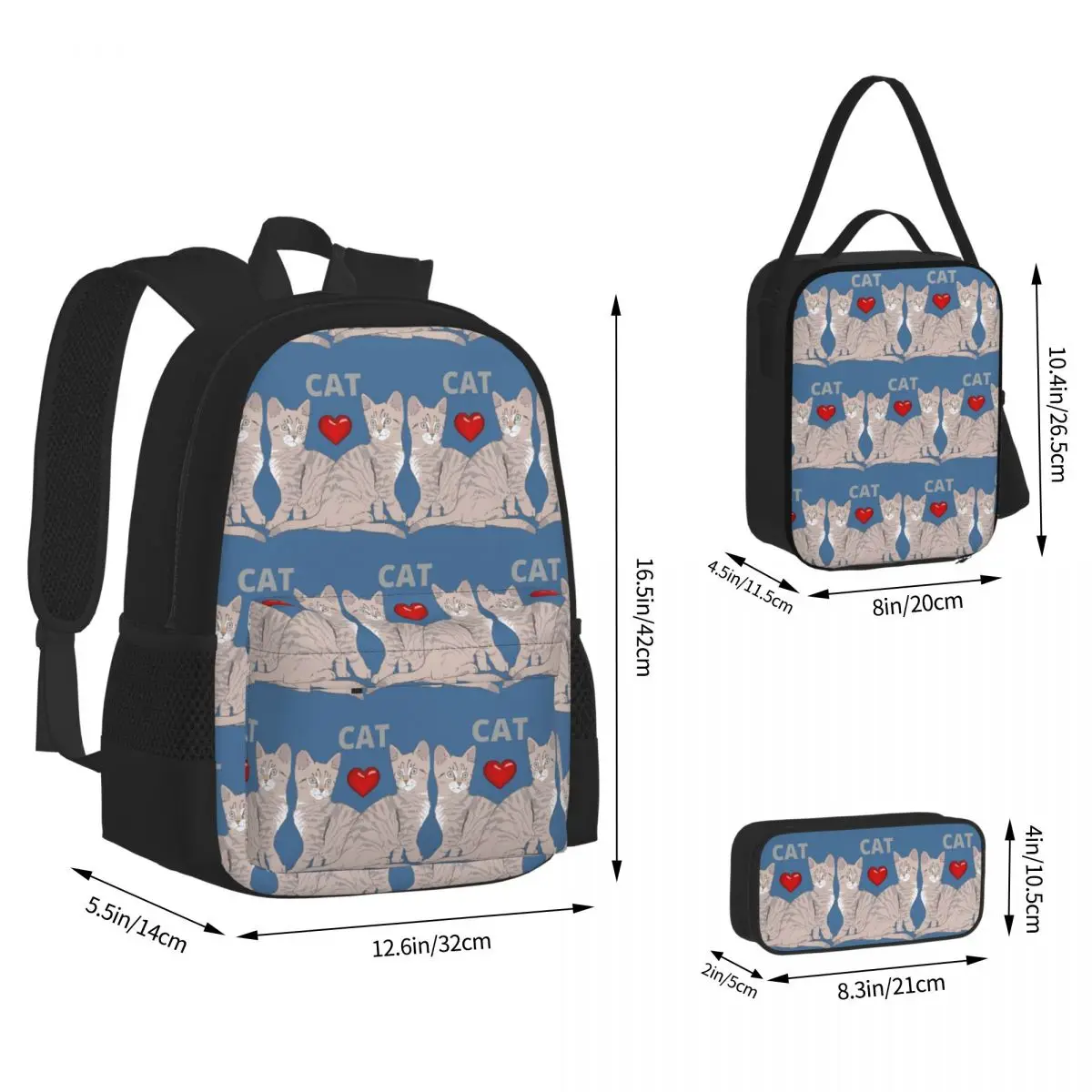 Gray Ginger And Siamese Kittens Cats Backpacks Students Bookbag School Bags Kids Rucksack Lunch Bag Pen Bag Three-Piece Set