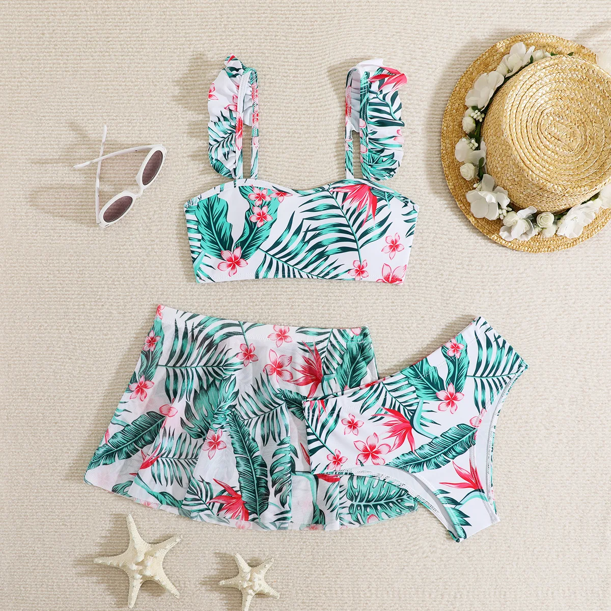 Girls 3pack Floral Print Bikini Sets Kids Swimsuit&skirts 7-12 Years Children\'s Swimwear 2024 Teens Girl Ruffle Bathing Suit