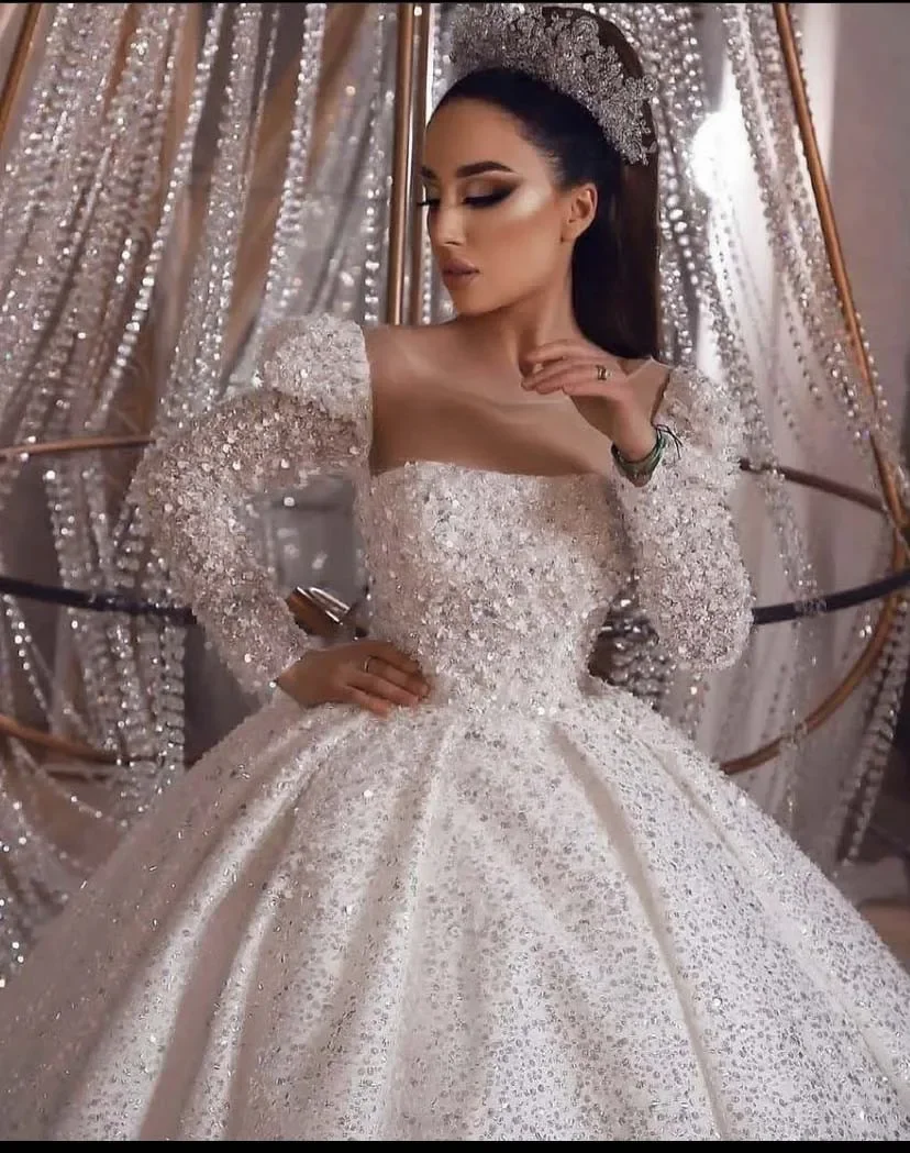 

Customized Scoop Heavy Beads Sequins Wedding Dress Chapel Train Long Sleeves Ballgown Puffy Robe De Mariée Bridal Gowns Vestido
