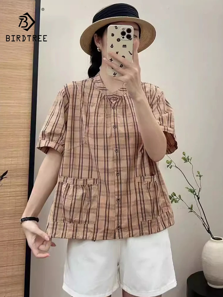 

New Spring Cotton Casual Shirts Women O Neck Plaid Blouse Girl Short Sleeve Versatile OL Loose Commute Top 2024 Summer T455103QC