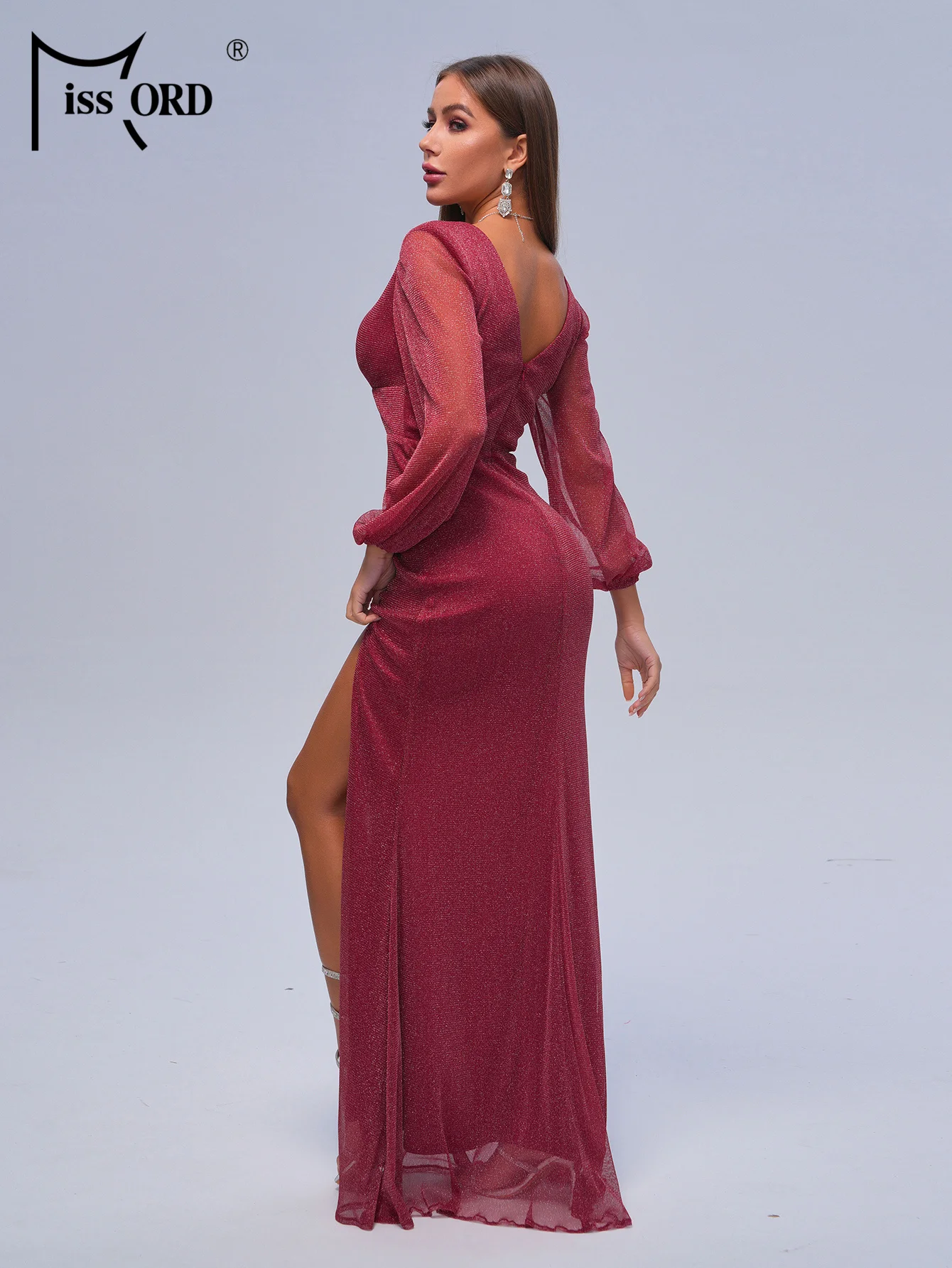 Missord Luxury High Waist Party Evening Maxi Dresses Women 2024 Elegant Burgundy Long Sleeve Prom Split Dress