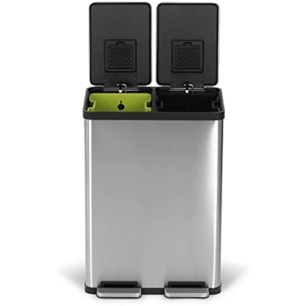 60 Liter / 16 Gallon Rectangular Hands-Free Dual Compartment Recycling Kitchen Step Trash Can with Soft-Close Lid