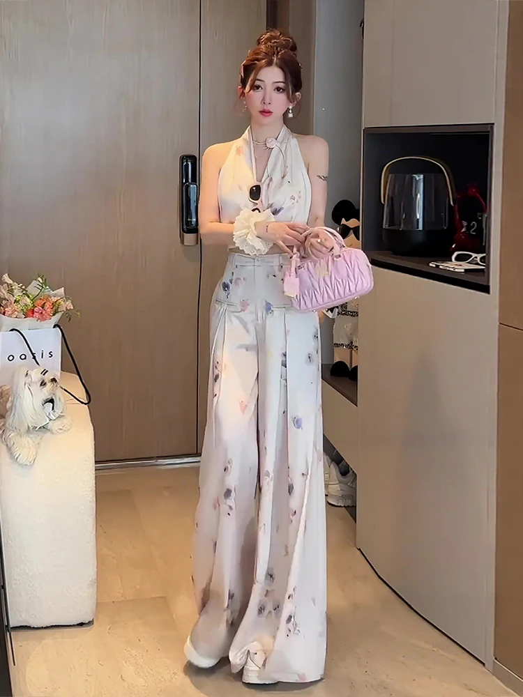 

Летний новый модный комплект: сексуальные свободные брюки с широкими штанинами и высокой талией, струящиеся, из полиэстера, свободного кроя, с высокой талией