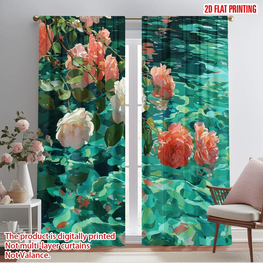 

2pcs 2D flat printing Scene Curtains Pink Roses Floating Water Polyester Without Electricity Seasonal Party & Holiday Decor for