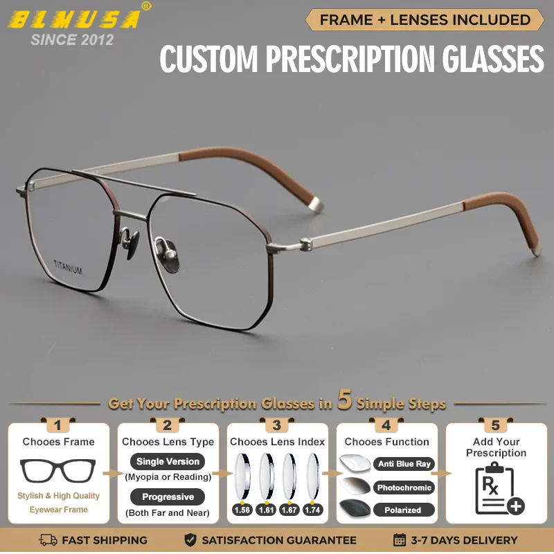BLMUSA Lunettes de vue progressives anti-lumière bleue pour hommes, style rétro, monture pilote, personnalisables pour myopie, verres photochromiques