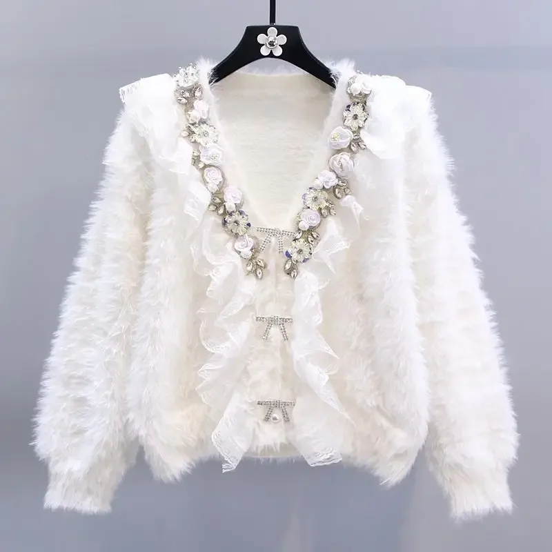 Women V-neck Pink 3d Floral Diamonds Beaded Knitted Cardigan Autumn Pearls Beaded Sweaters Long Sleeve Mohair Sweater Coat Tops