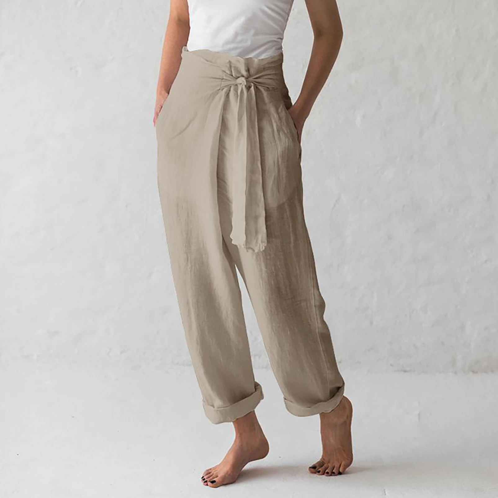 Women Solid Color Elastic Binding Foot Casual Pocket Pants Summer 2024 Elegant Lady Cotton Line High Wasit Women Pants