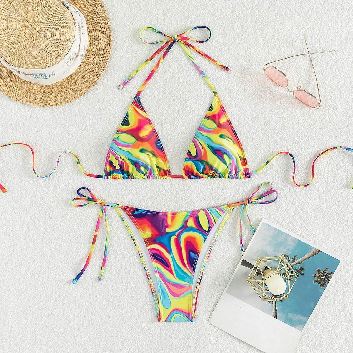 Strój kąpielowy z nadrukiem Rainbow Tie Dye dla kobiet, 2024 Nowe dwuczęściowe bikini z niską talią, seksowny strój kąpielowy z trójkątnymi miseczkami bez ramiączek