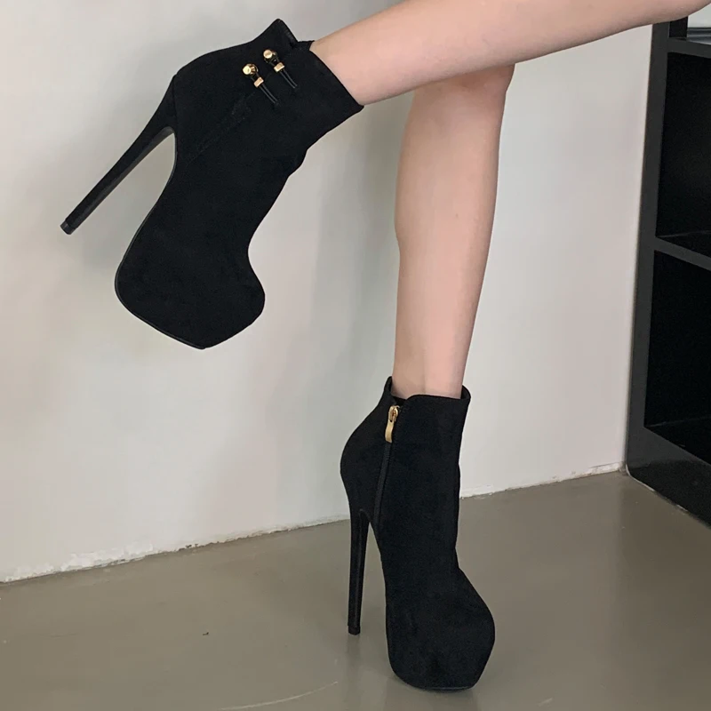 Fashion Platform Women Short Boots 16cm Extreme Stiletto High Heels Ankle Boots Round Toe Side Zipper Party Nightclub Shoes