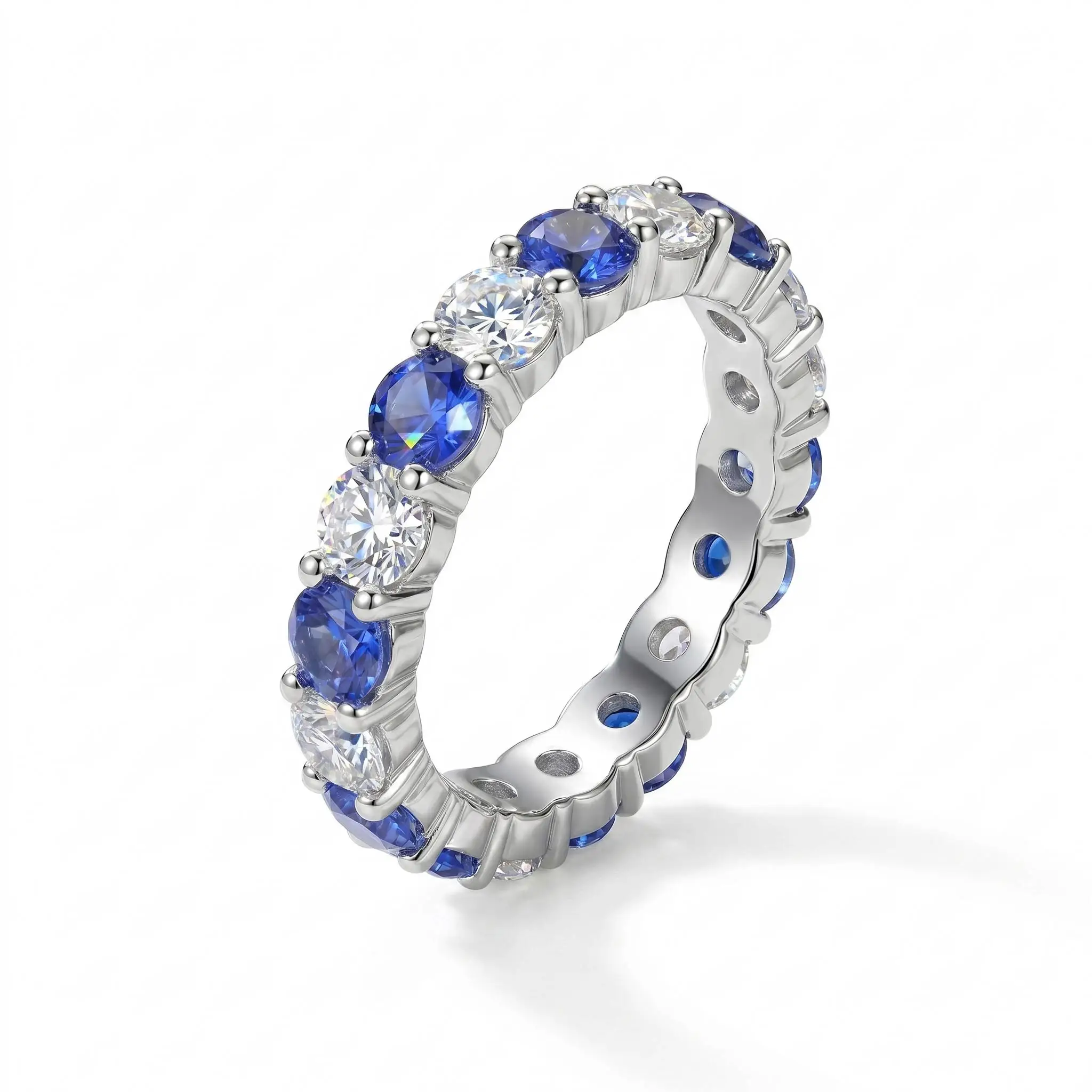 

Elegant Color Block S925 Silver Lab-Grown Sapphire Moissanite Alternating Band High-End Daily Stackable Ring For Women