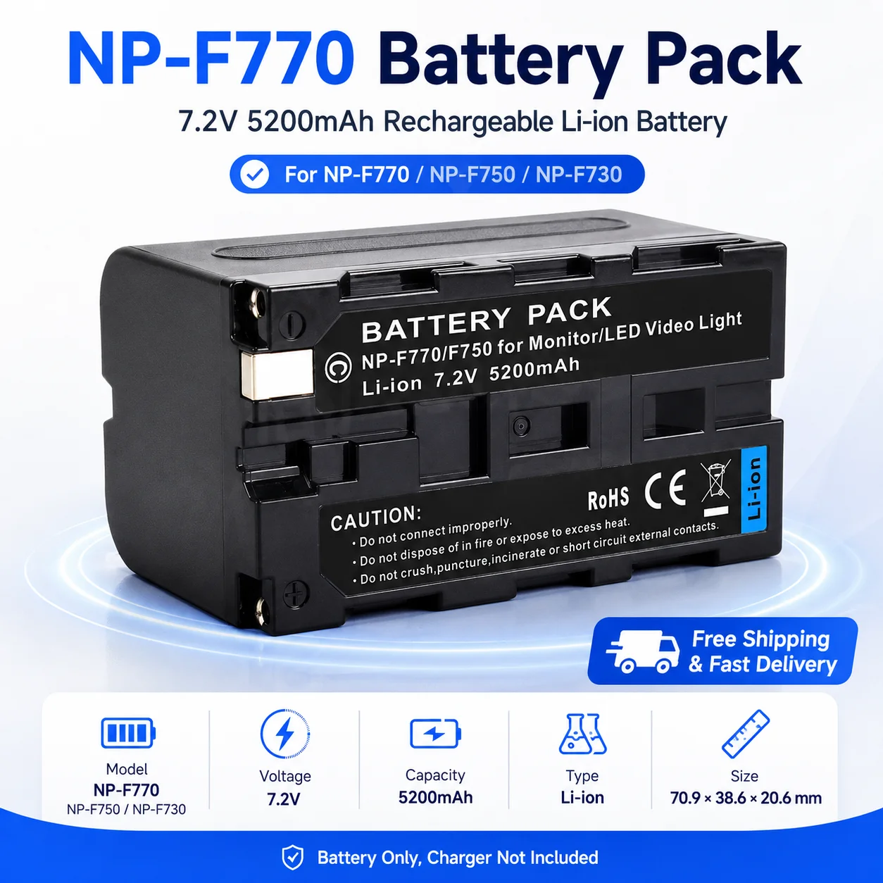 NP-F770 NP-F750 NP-F730 NP-F970 NP-F950 NP-F930 Battery Pack 7.2V 5200mAh Rechargeable Li-ion Battery for LED Video Light Monito