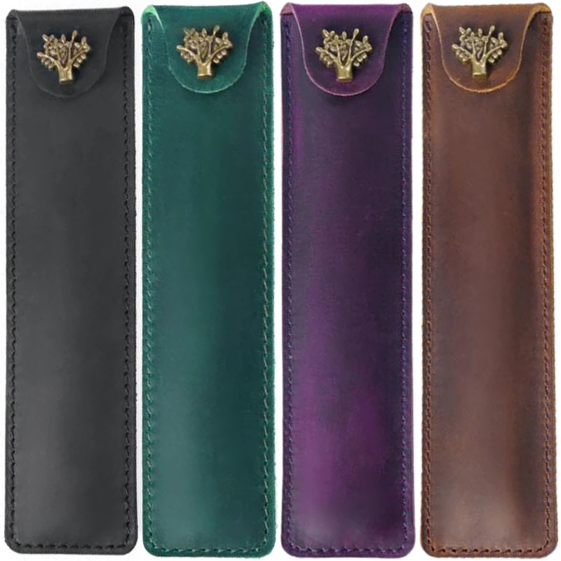 Porte-stylo en cuir véritable, sac à crayons unique, étui à stylo avec bouton-pression pour stylo à bille à bille