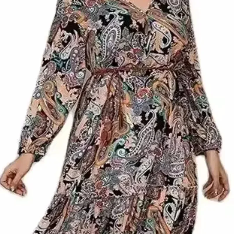 Nowa moda damska Plus Size Retro Paisley Oversized Dress Wiosna i lato Chubby Mm Luźna, przedłużona długa spódnica z długim rękawem