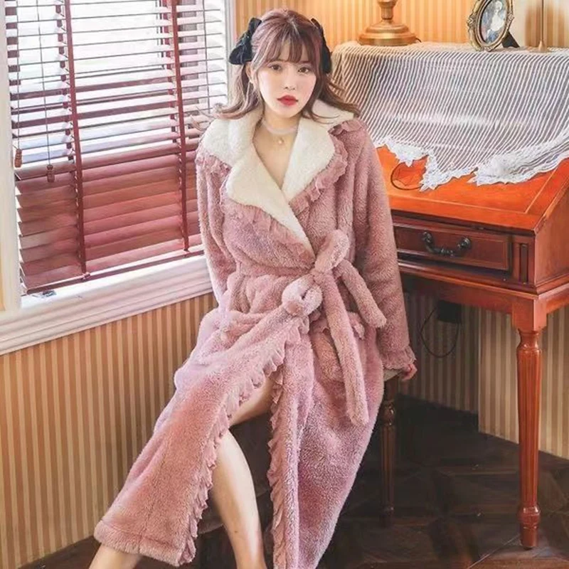 

2025 Winter Long Sleeve Thick Warm Flannel Kimono Robes for Women Cute Coral Fleece Bathrobes Sleepwear Nightdress Night Dress