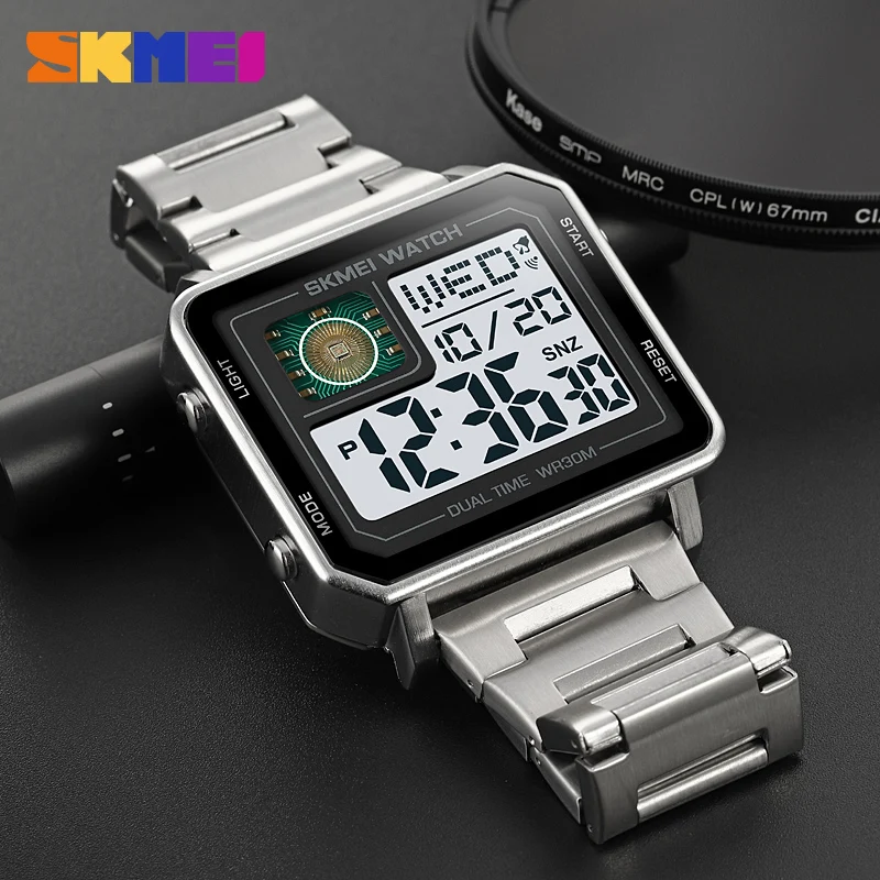 SKMEI 2033 Stainless Steel Digital Watch Waterproof LED Luminous Leisure Square Clock Rectangle Men's Watches 1392 2052 1816