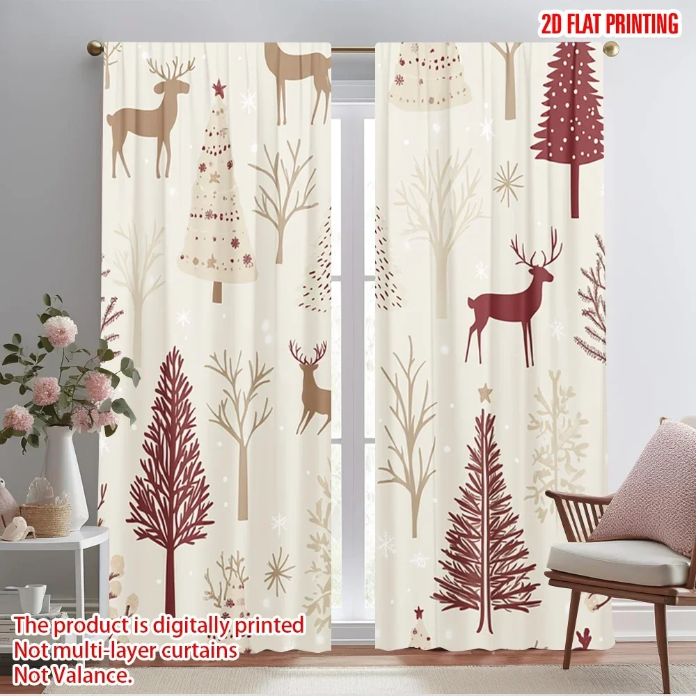 2pcs,2D plane printing Light Filtering Curtains Cute Christmas Trees Snow Reindeer (2) Polyester (without rod) Art Deco Festive